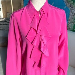 J. Crew Vibrant Pink Tuxedo Ruffle Blouse in stretch silk georgette